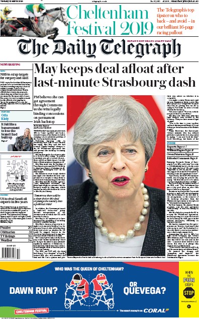 The Daily Telegraph Newspaper Front Page (UK) for 12 March 2019