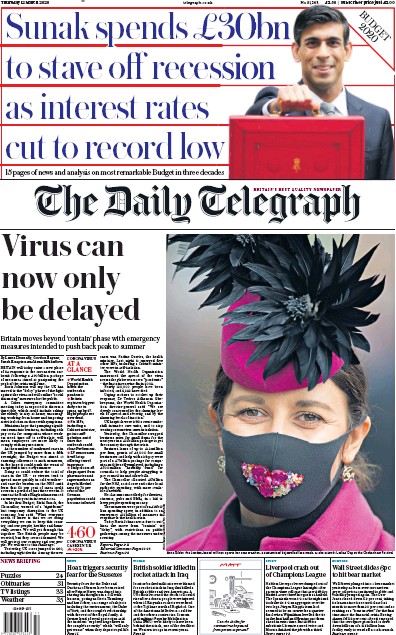 The Daily Telegraph Newspaper Front Page (UK) for 12 March 2020