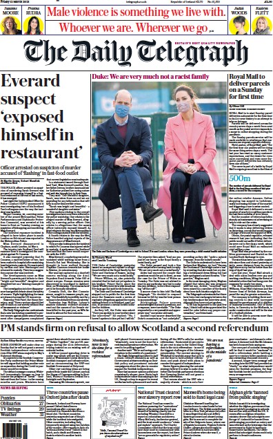 The Daily Telegraph Newspaper Front Page (UK) for 12 March 2021