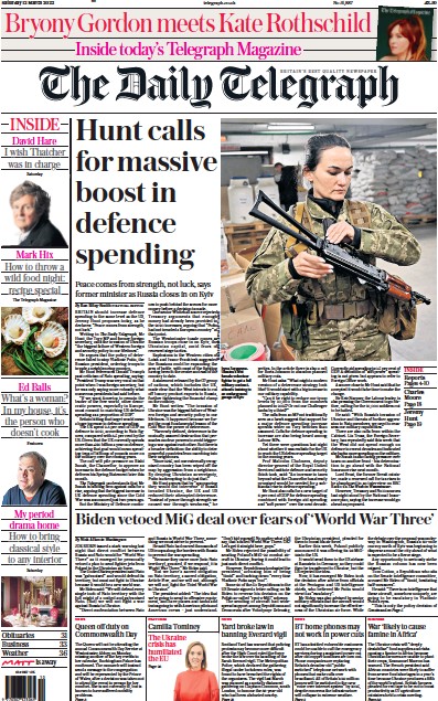 The Daily Telegraph Newspaper Front Page (UK) for 12 March 2022