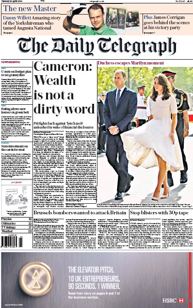 The Daily Telegraph Newspaper Front Page (UK) for 12 April 2016
