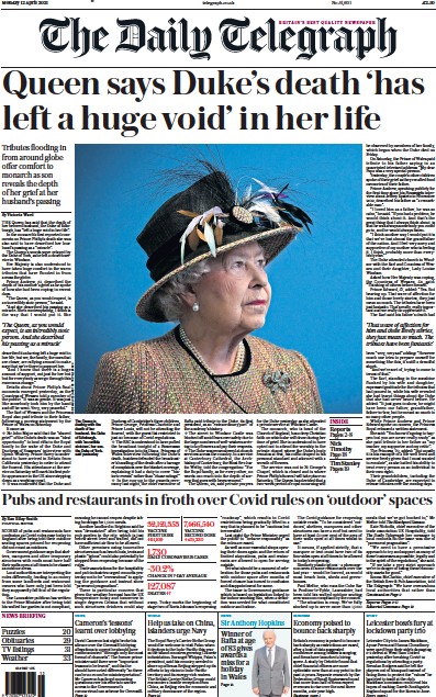 The Daily Telegraph Newspaper Front Page (UK) for 12 April 2021