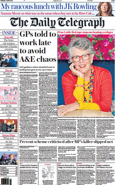 The Daily Telegraph Newspaper Front Page (UK) for 12 April 2022
