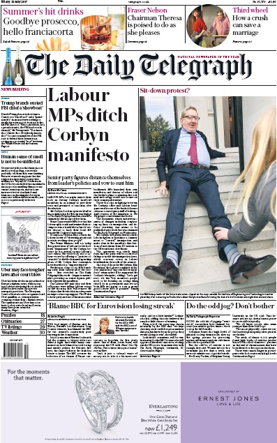 The Daily Telegraph Newspaper Front Page (UK) for 12 May 2017