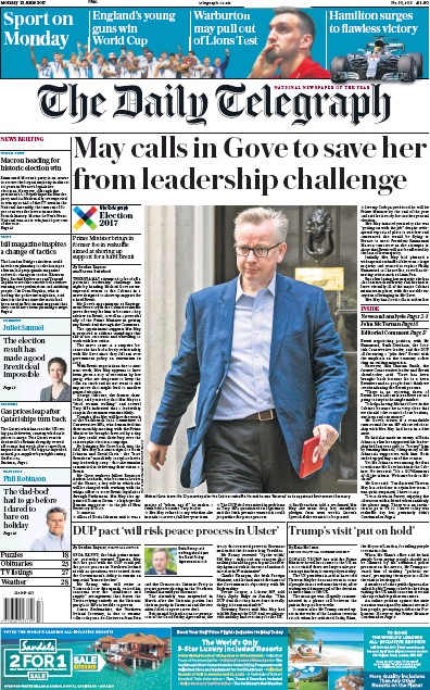 The Daily Telegraph Newspaper Front Page (UK) for 12 June 2017