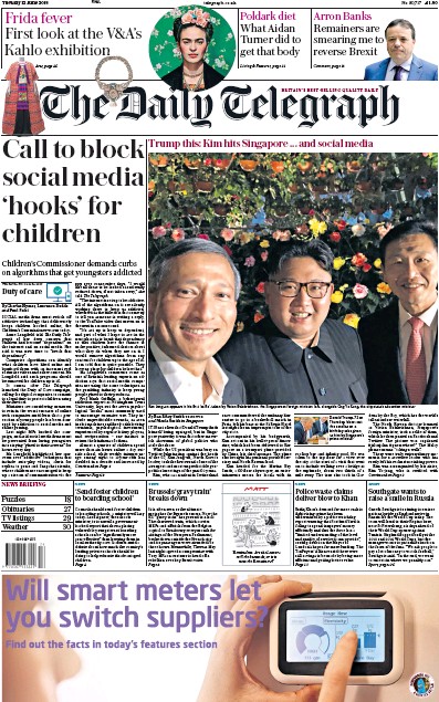 The Daily Telegraph Newspaper Front Page (UK) for 12 June 2018