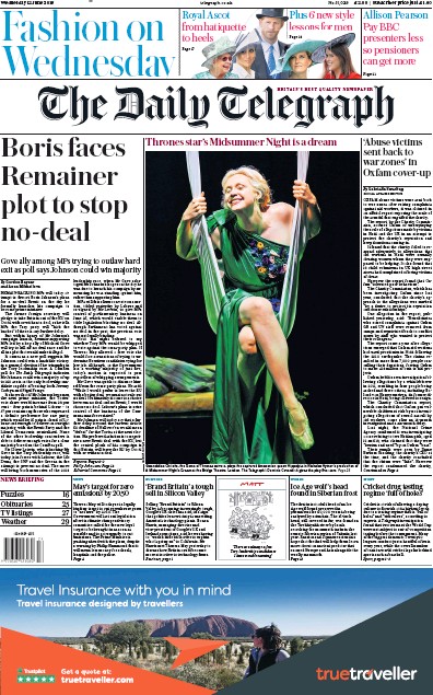 The Daily Telegraph Newspaper Front Page (UK) for 12 June 2019