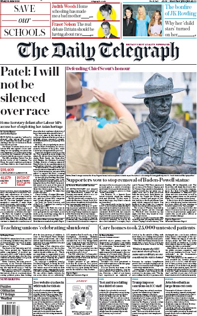 The Daily Telegraph Newspaper Front Page (UK) for 12 June 2020