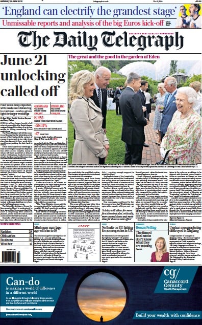 The Daily Telegraph Newspaper Front Page (UK) for 12 June 2021