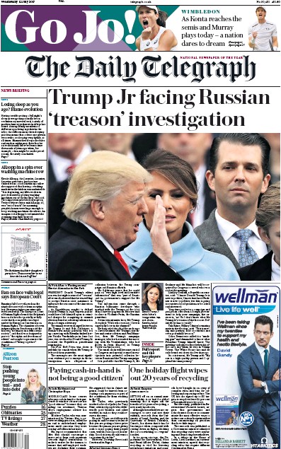 The Daily Telegraph Newspaper Front Page (UK) for 12 July 2017