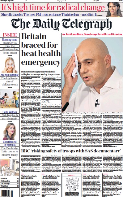 The Daily Telegraph Newspaper Front Page (UK) for 12 July 2022