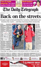 The Daily Telegraph Newspaper Front Page (UK) for 12 August 2011