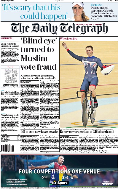The Daily Telegraph Newspaper Front Page (UK) for 12 August 2016