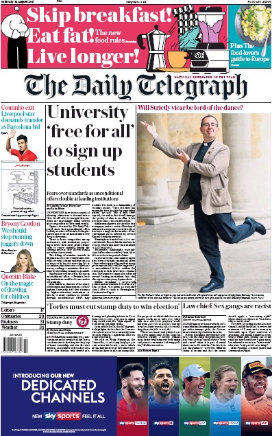 The Daily Telegraph Newspaper Front Page (UK) for 12 August 2017