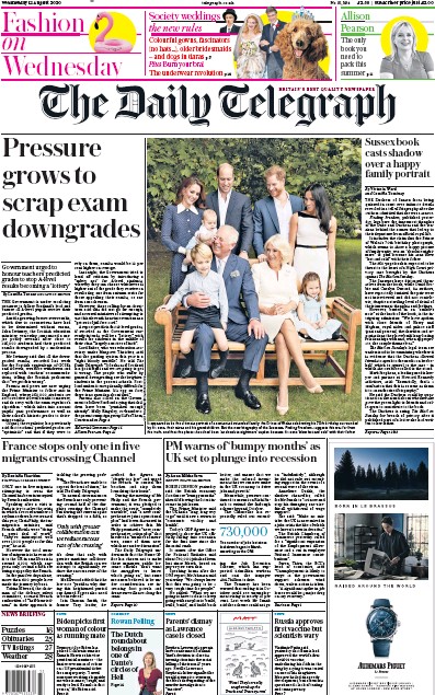 The Daily Telegraph Newspaper Front Page (UK) for 12 August 2020