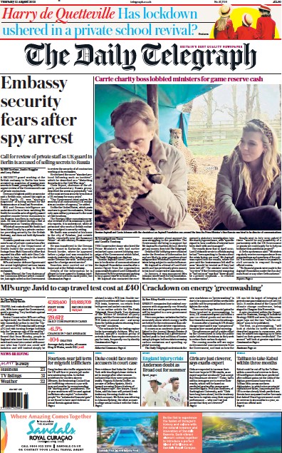 The Daily Telegraph Newspaper Front Page (UK) for 12 August 2021