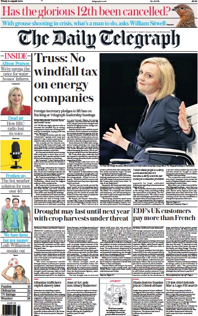 The Daily Telegraph Newspaper Front Page (UK) for 12 August 2022