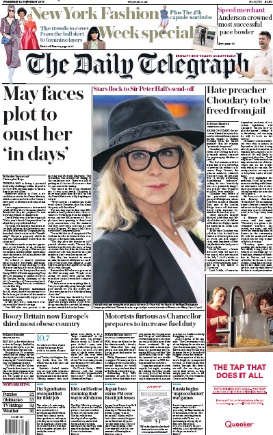 The Daily Telegraph Newspaper Front Page (UK) for 12 September 2018