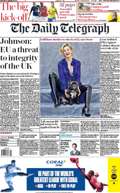 The Daily Telegraph Newspaper Front Page (UK) for 12 September 2020