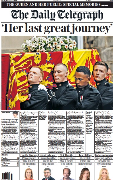 The Daily Telegraph Newspaper Front Page (UK) for 12 September 2022