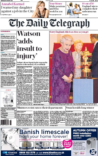 The Daily Telegraph Newspaper Front Page (UK) for 13 October 2015