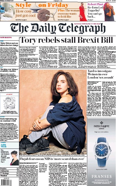 The Daily Telegraph Newspaper Front Page (UK) for 13 October 2017