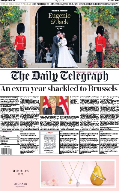The Daily Telegraph Newspaper Front Page (UK) for 13 October 2018