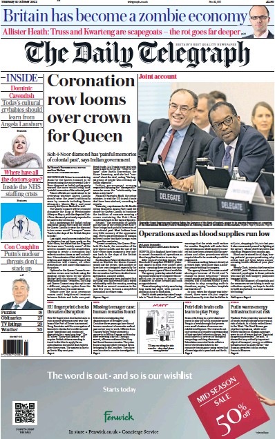 The Daily Telegraph Newspaper Front Page (UK) for 13 October 2022