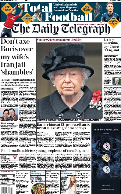 The Daily Telegraph Newspaper Front Page (UK) for 13 November 2017