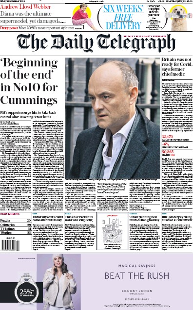 The Daily Telegraph Newspaper Front Page (UK) for 13 November 2020