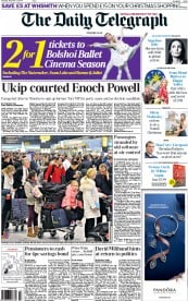 The Daily Telegraph Newspaper Front Page (UK) for 13 December 2014