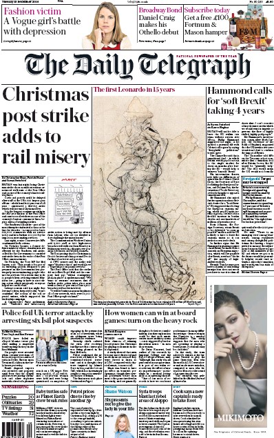 The Daily Telegraph Newspaper Front Page (UK) for 13 December 2016