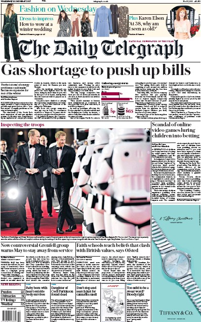 The Daily Telegraph Newspaper Front Page (UK) for 13 December 2017