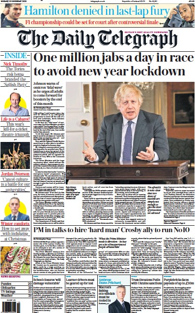 The Daily Telegraph Newspaper Front Page (UK) for 13 December 2021