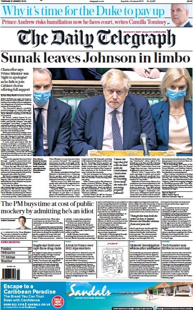 The Daily Telegraph Newspaper Front Page (UK) for 13 January 2022