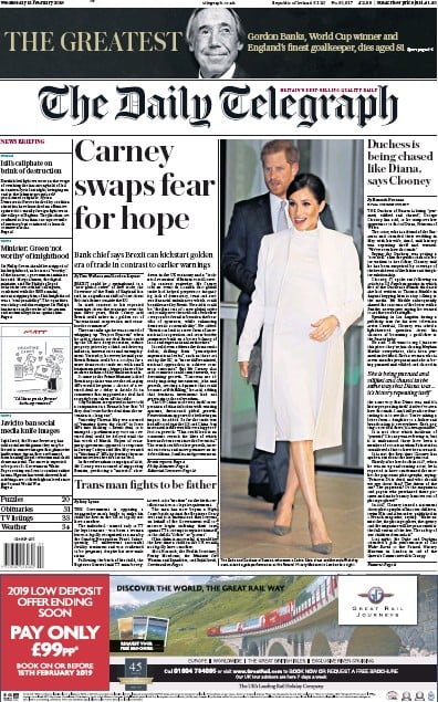 The Daily Telegraph Newspaper Front Page (UK) for 13 February 2019