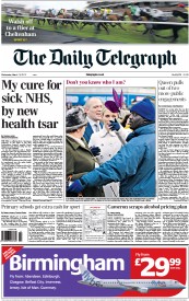The Daily Telegraph (UK) Newspaper Front Page for 13 March 2013