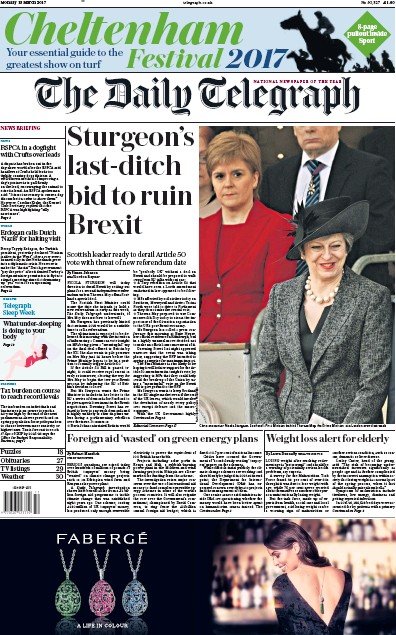 The Daily Telegraph Newspaper Front Page (UK) for 13 March 2017