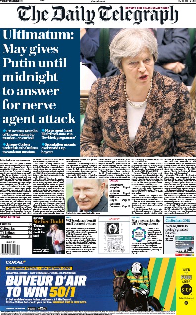 The Daily Telegraph Newspaper Front Page (UK) for 13 March 2018