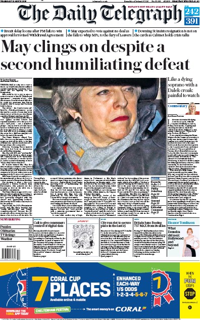 The Daily Telegraph Newspaper Front Page (UK) for 13 March 2019