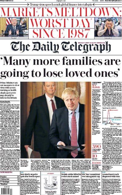 The Daily Telegraph Newspaper Front Page (UK) for 13 March 2020