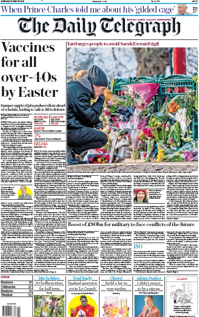 The Daily Telegraph Newspaper Front Page (UK) for 13 March 2021