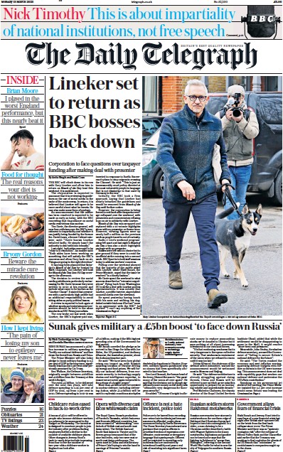 The Daily Telegraph Newspaper Front Page (UK) for 13 March 2023