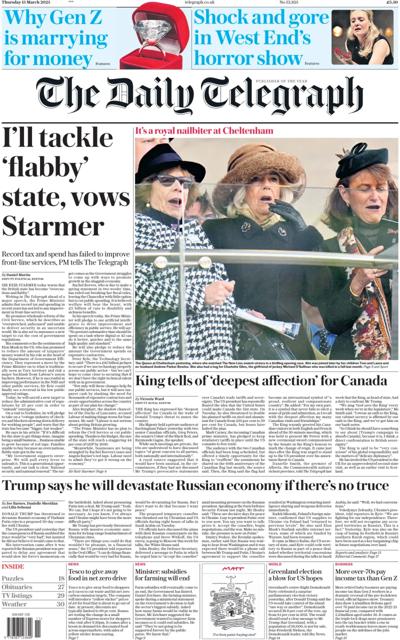 The Daily Telegraph Newspaper Front Page (UK) for 13 March 2025