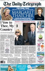 The Daily Telegraph (UK) Newspaper Front Page for 13 April 2013
