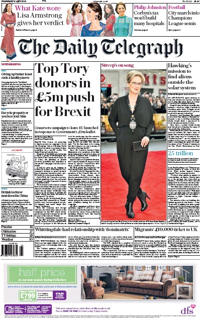 The Daily Telegraph Newspaper Front Page (UK) for 13 April 2016