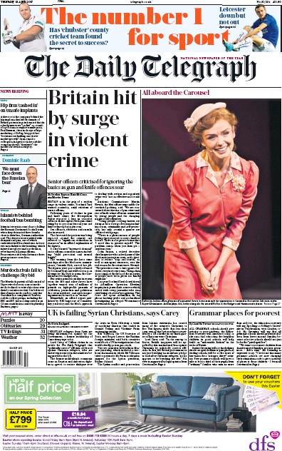 The Daily Telegraph Newspaper Front Page (UK) for 13 April 2017
