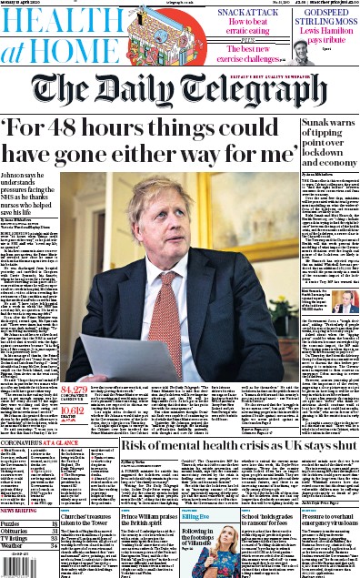 The Daily Telegraph Newspaper Front Page (UK) for 13 April 2020