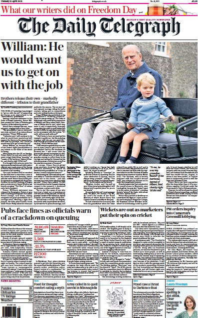 The Daily Telegraph Newspaper Front Page (UK) for 13 April 2021