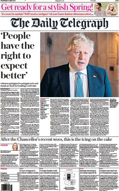 The Daily Telegraph Newspaper Front Page (UK) for 13 April 2022